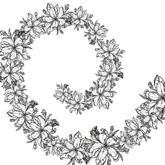 Vintage card with garden flowers. Hand drawn apple tree flowers. Vector illustration blooming branches cherry, pear flower, sakura