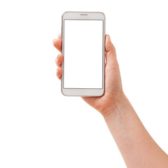 Woman hand holding the white smartphone isolated.