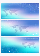 Modern set of vector banners with World Map. Geometric presentation. Molecule DNA and communication background for medicine, science, technology, chemistry. Cybernetic dots. Lines plexus. Card surface