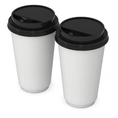 Disposable coffee cups. Blank paper mug with plastic cap. 3d render isolated on white background