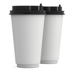 Disposable coffee cups. Blank paper mug with plastic cap. 3d render isolated on white background