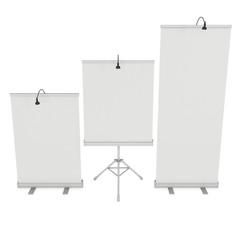 Blank Roll Up Expo Banner Stand Group. Trade show booth white and blank. 3d render illustration isolated on white background. Template mockup for your expo design.