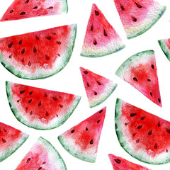 Hand painted watercolor seamless texture with watermelon slices isolated on white. Repeating summer fruit background. Bright and juicy. Fruits pattern