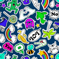Seamless Pattern Of Fashion Stickers In 80s-90s Comic Style.