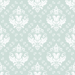 Fototapeta na wymiar Damask vector classic light blue and white pattern. Seamless abstract background with repeating elements. Orient background