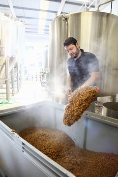 Worker in brewery, emptying grains from mash tun