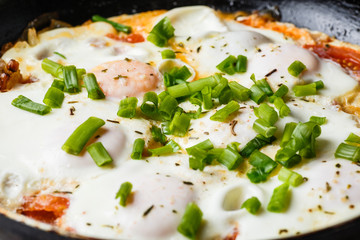 Breakfast on the table: a fried egg in frying pan