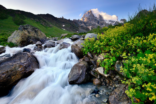Rural landscape, Ushba Mountain in background, Caucasus, Svaneti, Georgia