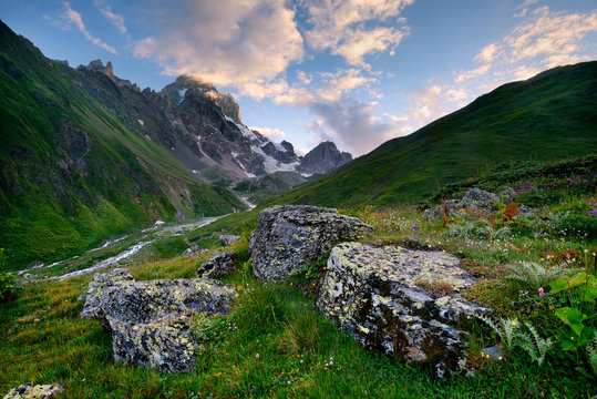 Rural landscape, Ushba Mountain in background, Caucasus, Svaneti, Georgia