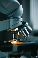 Close up of examining of test sample under the microscope in laboratory.