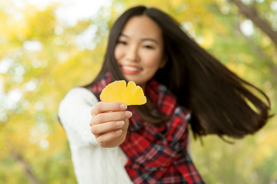 Portrait of young woman holding yellow gingko leaf in autumn park, Beijing, China