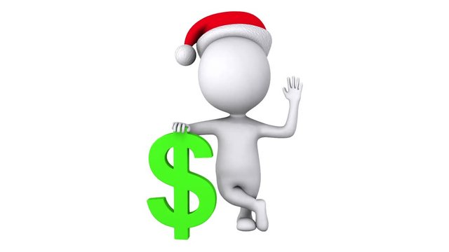 3d white man santa claus stand with green dollar sign. Wave hello. Render christmas footage. Money concept.
