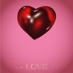 Realistic 3D Red glass Heart. Vector illustration.  Sweetness pink color Background. Love design for St.Valentine's Day.