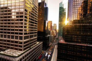 Elevated view of glass fronted skyscrapers, New York, USA
