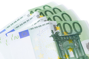 hundred euro banknotes isolated on white . 100 money .
