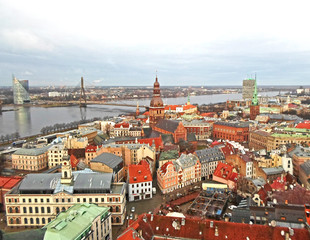 Panoramic view to the city center of old Riga from the Saint Peter's Church's tower, Latvia