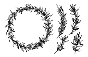 Hand drawn vector illustration. Vintage decorative laurel wreath