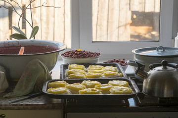Russian national dish, pies with potatoes, freshly baked