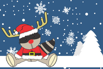 cute litle raccoon plush santa claus costume xmas background in vector format