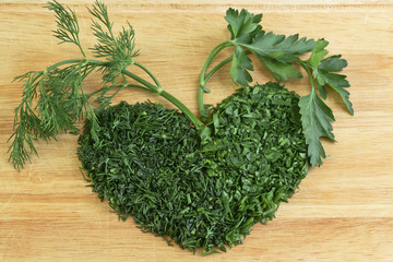 Dill and parsley green heart with leaves
