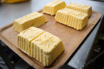Freshly made butter in dairy farm kitchen, Sattelbergalm, Tyrol, Austria