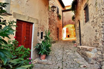  vecchio vicolo in pietra del borgo medievale di Montefioralle nel comune di Greve in Chianti in provincia di Firenze, Italia