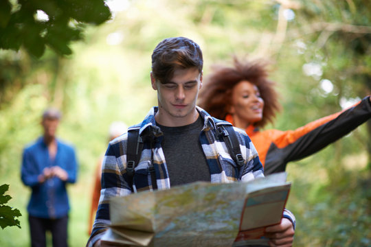 Man hiking with friends in forest looking at map