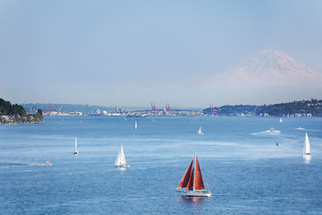 Port of Seattle with Mount Rainier in the background