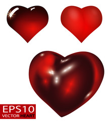 Set of Realistic 3D Valentine hearts vector. Red convex glass heart isolated on white background.