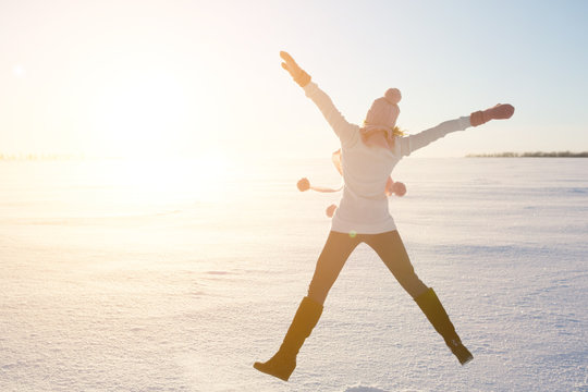 Winter Women Jump In Snow