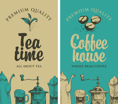 set of vector banners on the theme of tea and coffee with pictures of kitchen equipment