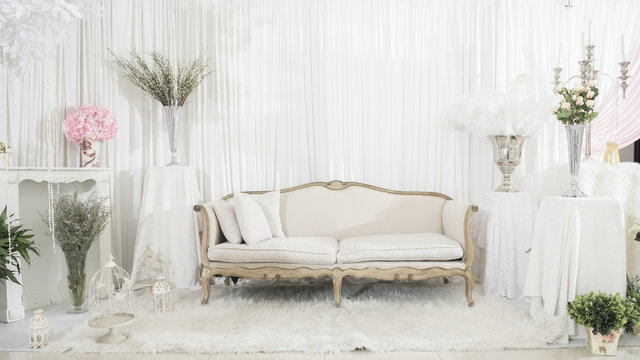 white elegance luxury wooden sofa in wedding ceremony , wedding
