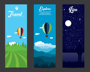 Fototapeta premium Landscape banners set with mountain, air balloons and forest. 