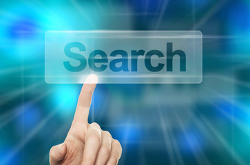 WWW Searching Concept. Hand Pressing Search Button in Virtual We