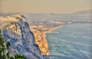 Rock of Gibraltar in fog. A British Overseas Territory - obrazy, fototapety, plakaty