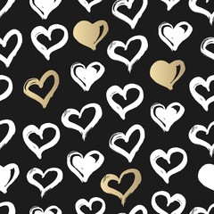 Seamless heart pattern. Hand drawn with ink. Black, gold and white. Love concept. Heart pattern for printables, scrapbooking, baby shower, wedding invitations, birthday cards.