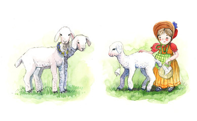Girl and lambs, watercolor