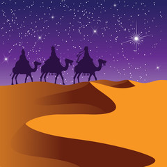 Fototapeta na wymiar Feliz Dia De Reyes (Day of Kings) featuring the three wise men riding camels. EPS 10 vector.