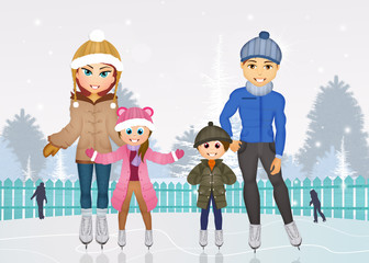 family skating on ice