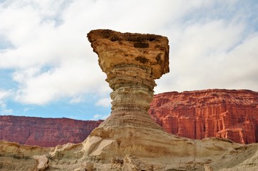 Long shot of the stone formation el Hongo in the nature reserve Ischigualasto also called Valle de la Luna in the area San Juan in Argentina, South America