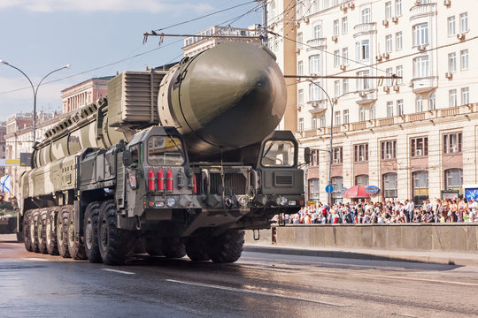 RT-2UTTKh Topol-M (SS-27 Sickle B, RS-12M1, RS-12M2, RT-2PM2) intercontinental ballistic missile moves in motorcade on Tverskaya Street. Moscow, Russia.