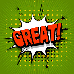 Lettering great, cool. Comic text sound effects. Vector bubble icon speech phrase, cartoon exclusive font label tag expression, sounds illustration. Comics book balloon