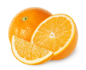Isolated oranges. Orange fruit with slices isolated on white, clipping path