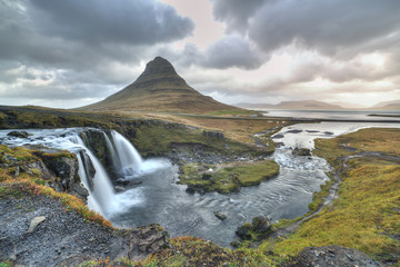 Kirkjufellfoss and Kirkjufell mountain.