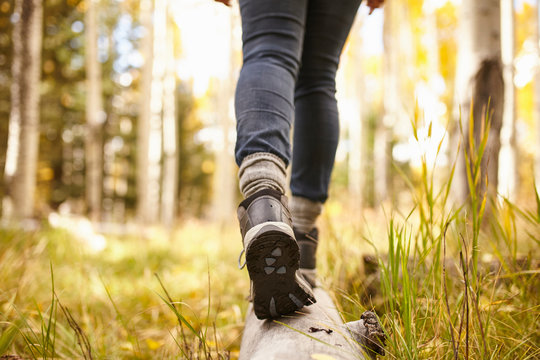 Woman walking on log, low section, Flagstaff, Arizona, USA