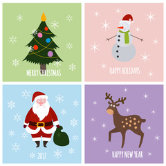 Collection of four Christmas and Happy New Year vector greeting card templates