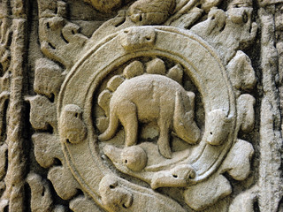 Angkor Wat stegosaurus carving in Siem Reap, Cambodia