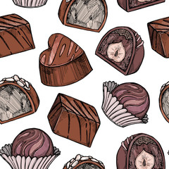 Hand drawn vector seamless pattern - set of chocolate candies wi
