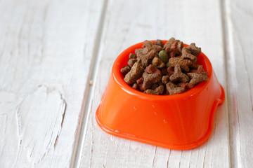 Pets food on cat bowl. Dry feed on orange bowl.