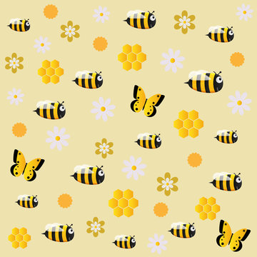 Image of cheerful bees on a yellow background with flowers and butterflies
